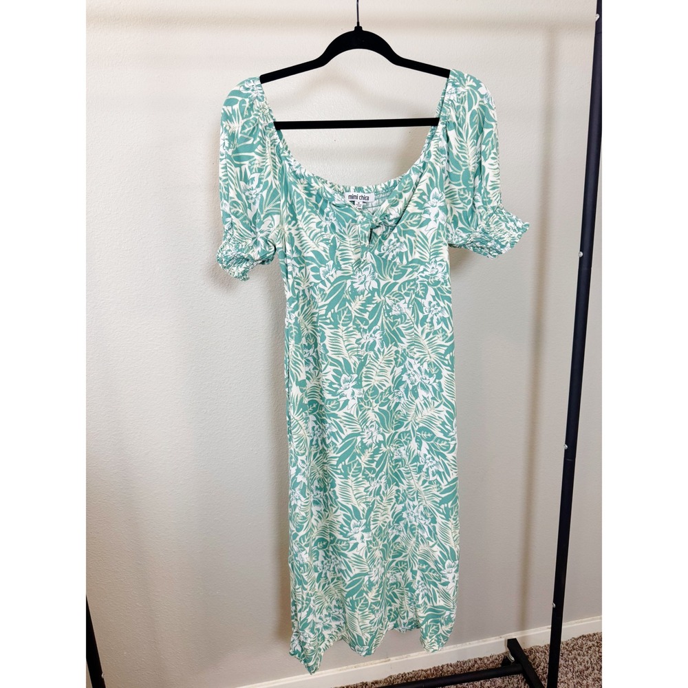 Mimi Chica Green Tropical Leaf Print Smocked Square Neck Midi Dress Size M